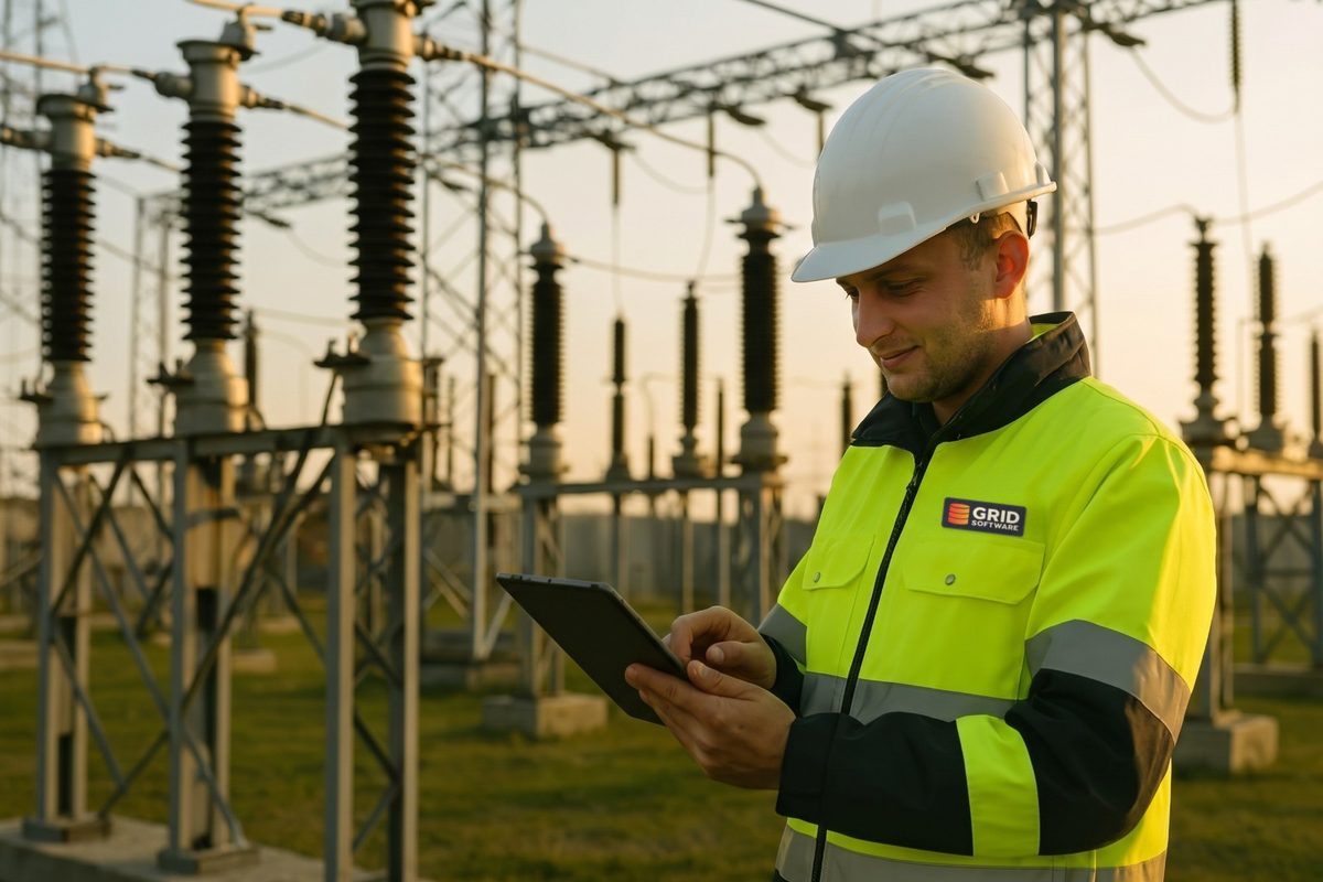 Technik GRID Software s tabletem v rozvodně vysokého napětí